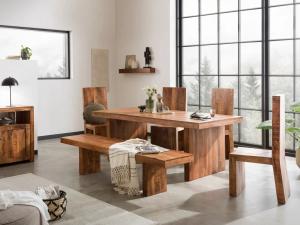 Masívny jedálenský set Country 175 z mangového dreva, lakovaný, hnedý – stôl, 4 stoličky, lavica 170 cm