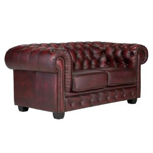 Dvojmiestna pohovka Chesterfield z pravej kože, červená – 178×98×79 cm