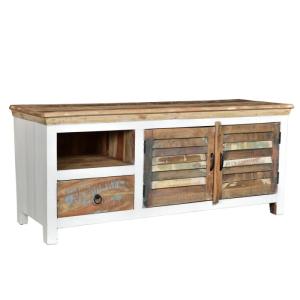 Masívny TV stolík Perth z recyklovaného dreva, lakovaný, biely / farebný – 150×50×60 cm