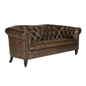Masívna pohovka Chesterfield Shelford, pravá koža, hnedá – 196×89×85 cm