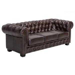 Trojmiestna pohovka Chesterfield z pravej kože, hnedá – 200×90×72 cm