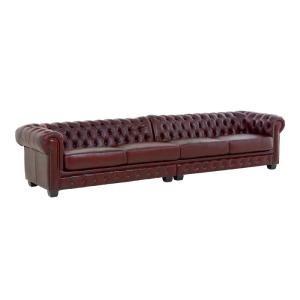 Masívna Chesterfield pohovka, pravá koža, starožitná červená – 352×100×72 cm
