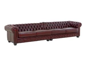 Masívna Chesterfield pohovka, pravá koža, starožitná červená – 352×100×72 cm