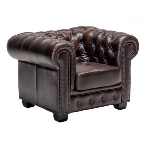 Kreslo Chesterfield z pravej kože, hnedé – 100×90×72 cm