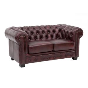 Masívna dvojmiestna pohovka Chesterfield z pravej kože, červená – 155×90×72 cm
