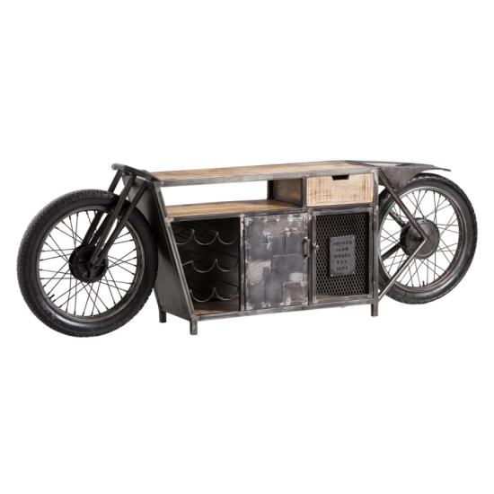 Masivní barový stůl Harlow Bike s motocyklovou konzolou a držákem na lahve, materiál kov a mango, lakovaný