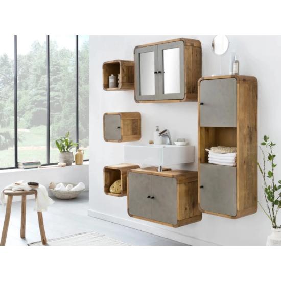 Masivní koupelnová sestava Dingle II z recyklované borovice a MDF, lakovaná, přírodní/šedá