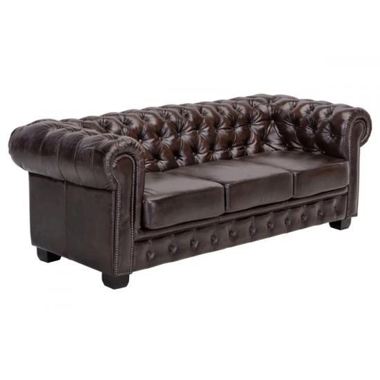 Třímístná pohovka Chesterfield z pravé kůže, hnědá – 200×90×72 cm