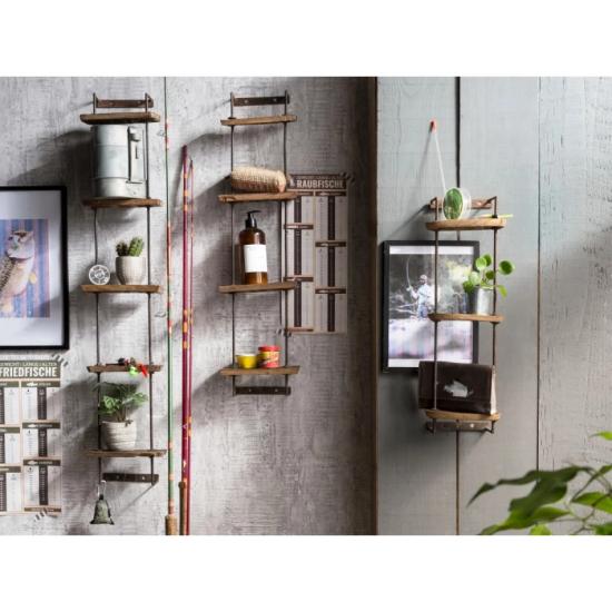 Masivní nástěnná police L z recyklovaného dřeva a kovu, přírodní barva – 20×10×100 cm