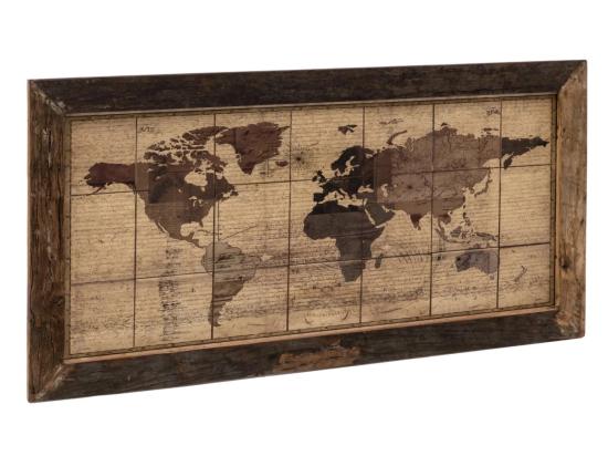 Masivní fototapeta Mapa světa z recyklovaného tvrdého dřeva, nezpracovaná, hnědá – 180×90 cm