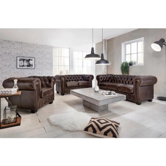 Masivní sedací souprava Chesterfield z pravé kůže, hnědá
