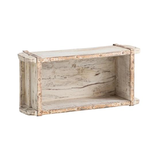 Masivní závěsná police ve tvaru cihly z recyklovaného dřeva, lakovaná, bílá – 33×15×10 cm