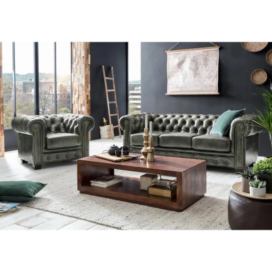 Masivní sedací souprava Chesterfield z pravé kůže, zelená