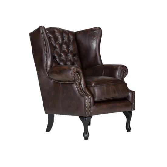 Křeslo ušák Chesterfield Pittsfield z pravé kůže, hnědé – 89×79×104 cm